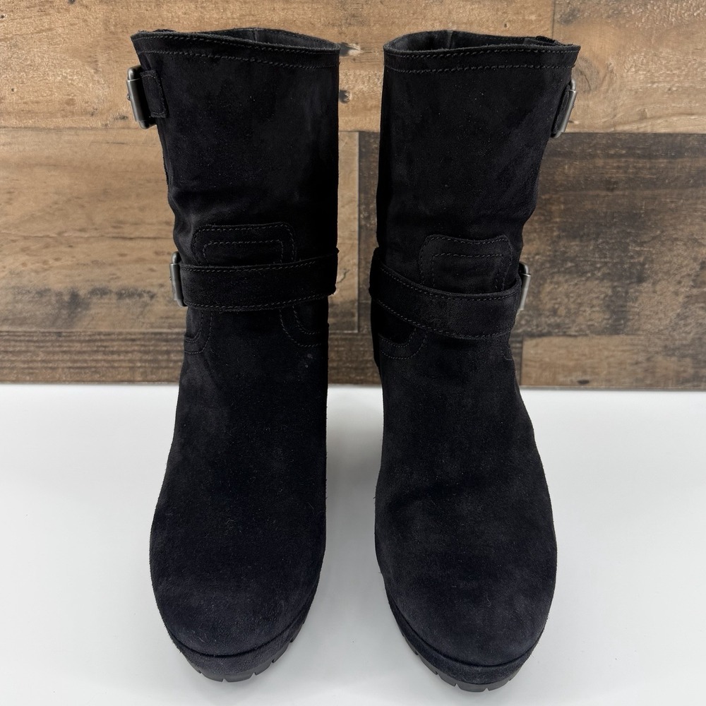 Prada Women's Black Suede Wedge Boots Size 38 (US 7.5-8) Buckle Strap Lug Sole - Picture 5 of 12
